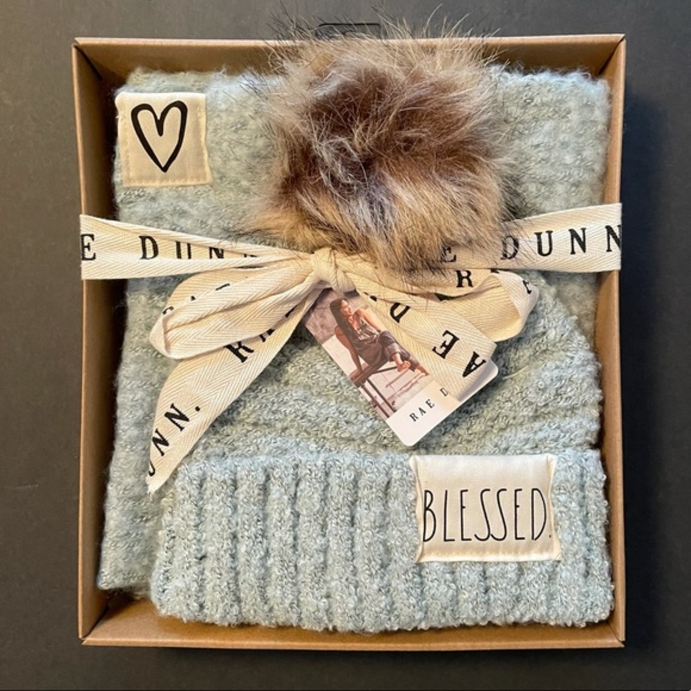 Rae Dunn BLESSED Box Set Knit Hat and Matching Scarf with Heart BRAND NEW!!